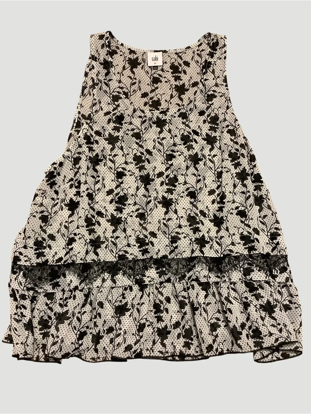 Cabi Black & White Floral Polka Dot Layered Tunic Blouse XL Lace Hem Boho Chic - Picture 6 of 10